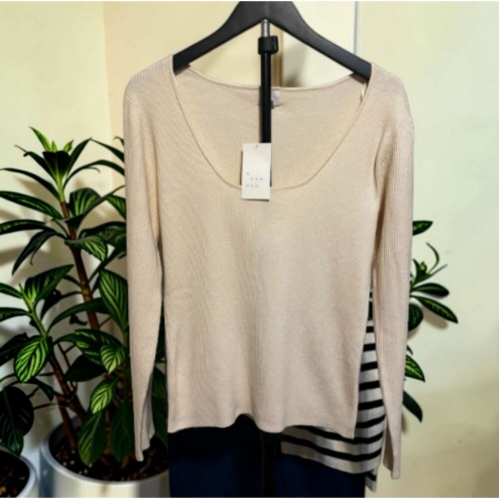 A New Day Women’s Beige Mixed-Media Striped-Back Top Size XL